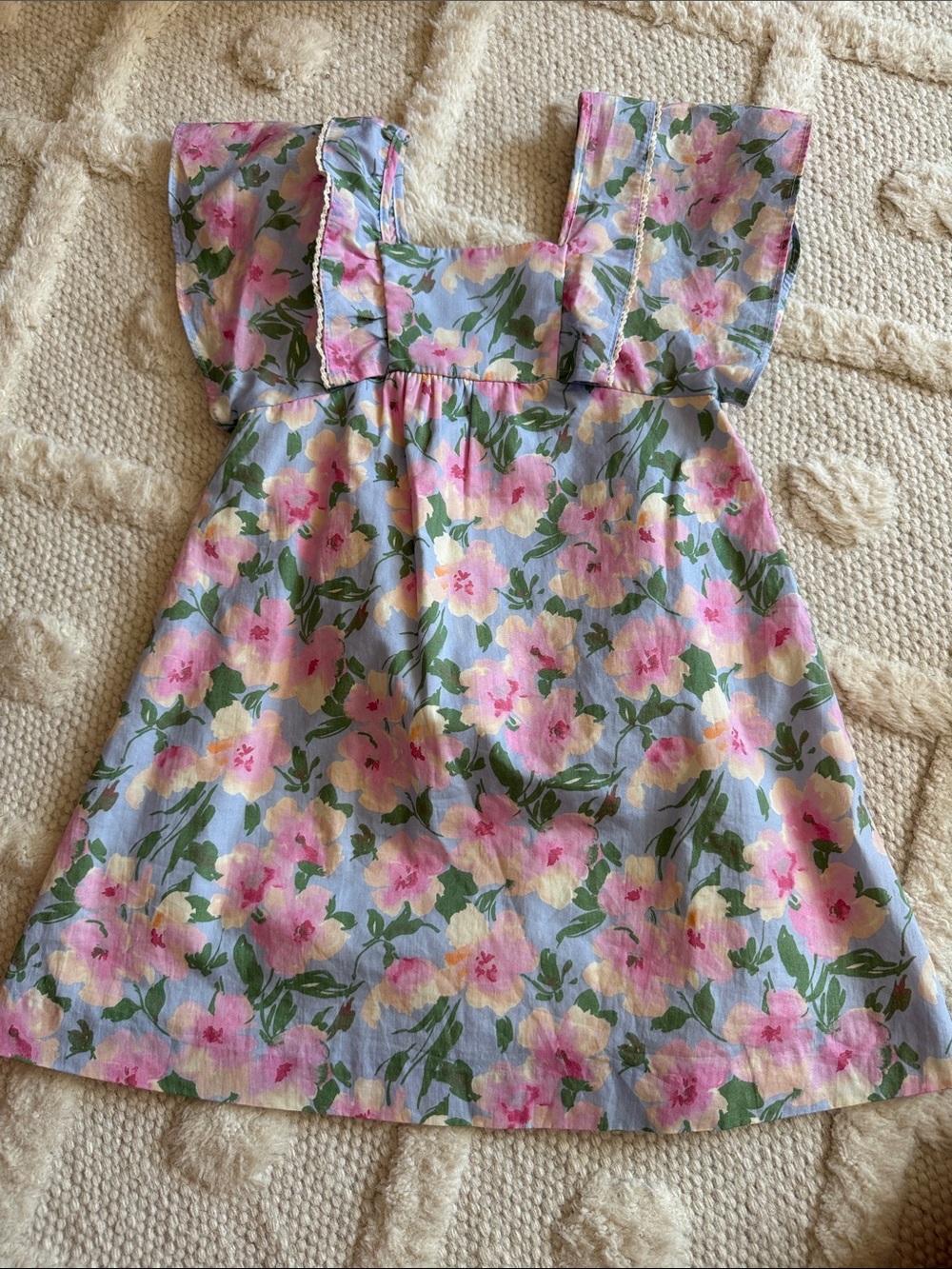 Zara Floral Flutter Sleeve Kids Dress in Pastel Pink & Blue